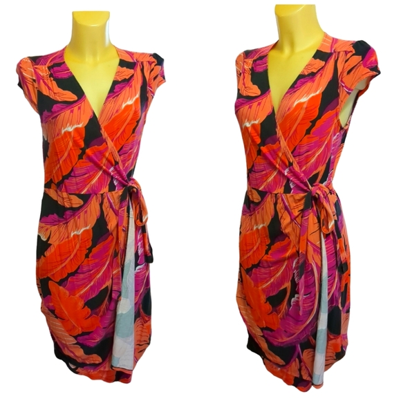 🌹3/15🌹OLD NAVY Black Orange Pink Stretchy Wrap Dress Medium Petite - Picture 1 of 4
